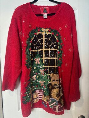 Vintage 1996 The Avenue Christmas Teddy Bear Tree Tunic Sweater Beaded Size 2X